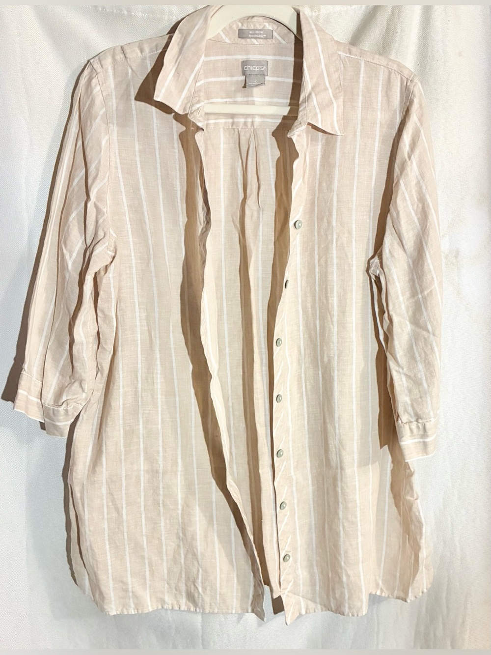 Chicos No Iron Linen Tunic Top Sz 2- L Stripes Buttons Beach Resort Breathable